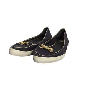 Tory Burch Marni Satin D'Orsay Flats Vintage Slip‎ On Navy Blue With Bow READ